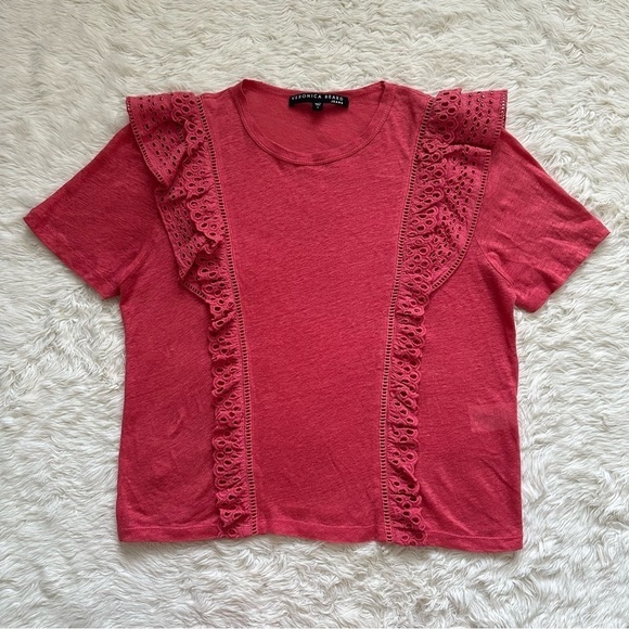 Veronica Beard Top Prema Eyelet Ruffle Crewneck Tee Linen Short Sleeve S - Picture 3 of 11
